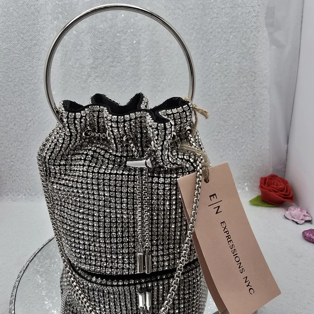 E|N Expressions NYC Rhinestone Small Bucket Bag Top Handle Shoulder Silver-tone